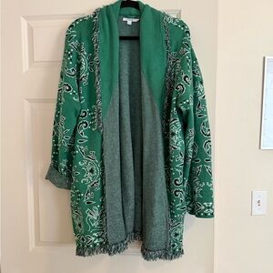 Chico's Green Paisley Open-Front Shawl Cardigan with Fringe